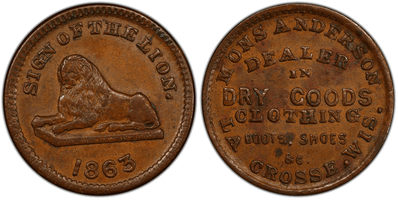(1863) Copper Civil War Store Card F-360A-3a, Mons Anderson WI
