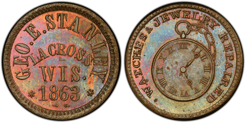(1863) Brass Civil War Store Card F-360B-1b, Geo. E. Stanley WI