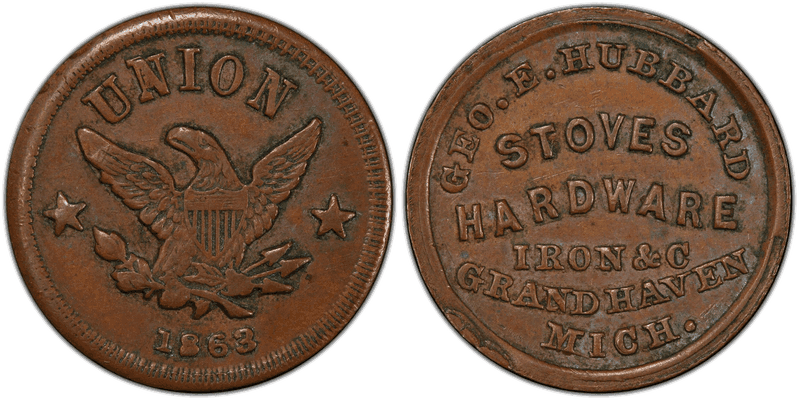(1863) Copper Civil War Store Card F-360B-2a, Geo. E. Hubbard MI