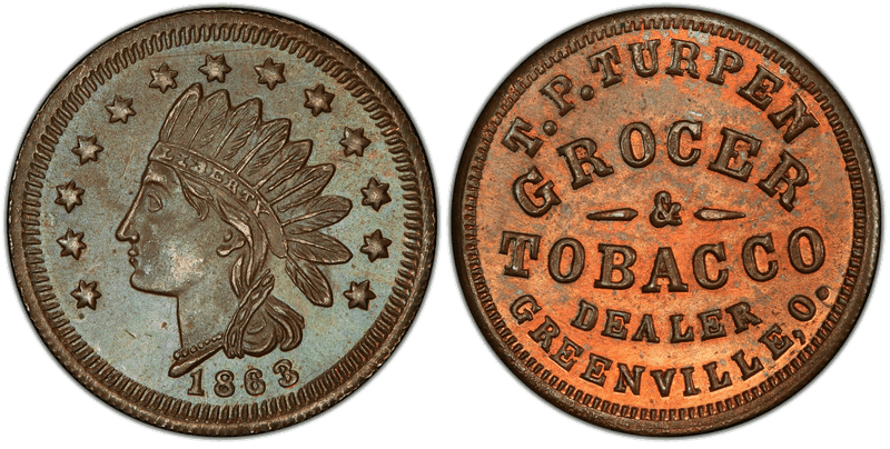 (1863) Copper Civil War Store Card F-360B-3a, T.P. Turpen OH