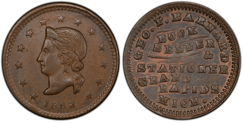 (1863) Copper Civil War Store Card F-370A-1a, Geo. P. Barnard MI