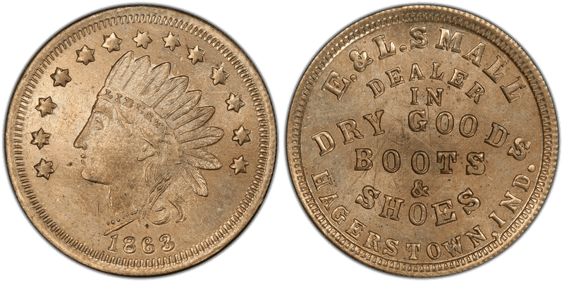 (1863) Copper-Nickel Civil War Store Card F-370A-2d, E. & L. Small IN