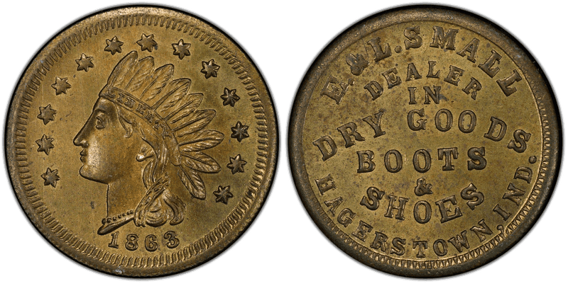 (1863) Brass Civil War Store Card F-370A-4b, E. & L. Small IN