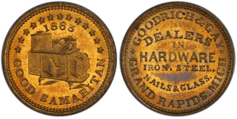 (1863) Brass Civil War Store Card F-370D-1b, Goodrich & Gay MI