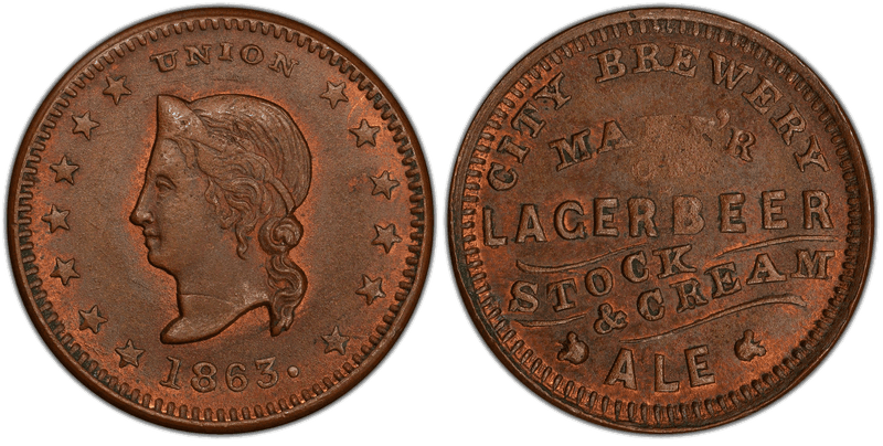 (1863) Copper Civil War Store Card F-370F-4a, City Brewery MI
