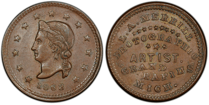 (1863) Copper Civil War Store Card F-370G-1a, L.A. Merrill MI