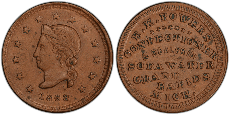 (1863) Copper Civil War Store Card F-370I-1a, E.K. Powers MI