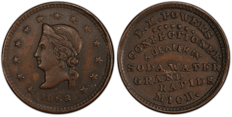 (1863) Copper Civil War Store Card F-370I-3a, E.K. Powers MI