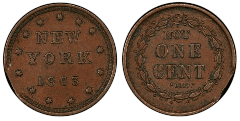 (1863) Copper Civil War Store Card F-378A/443Aa, Not One Cent-New York