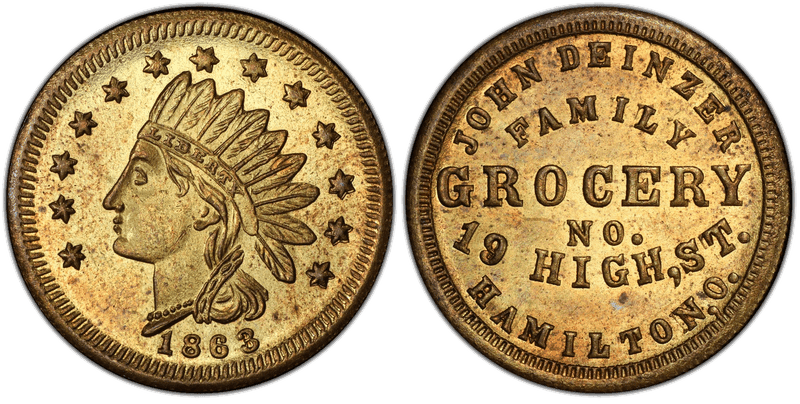 (1863) Brass Civil War Store Card F-385A-2b, John Deinzer OH