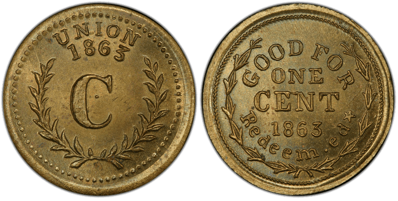(1863) Brass Civil War Patriotic Token F-386/427b, Good For One Cent