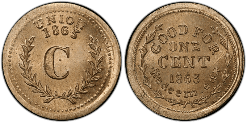 (1863) Copper-Nickel Civil War Patriotic Token F-386/427d, Good For One Cent