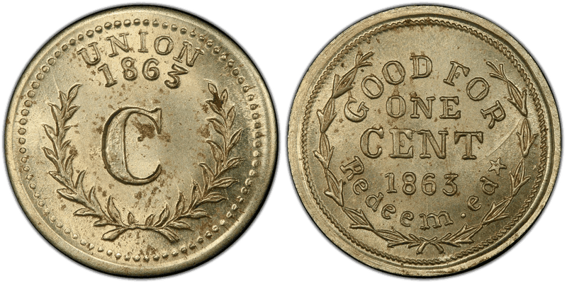 (1863) German Silver Civil War Patriotic Token F-386/427j, Good For One Cent