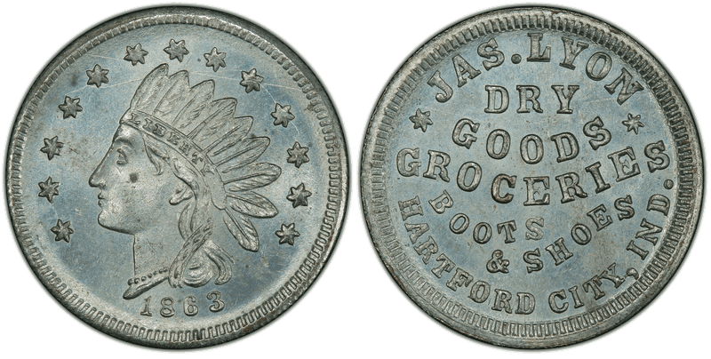 (1863) Zinc Civil War Store Card F-395A-1i, Jas. Lyon IN