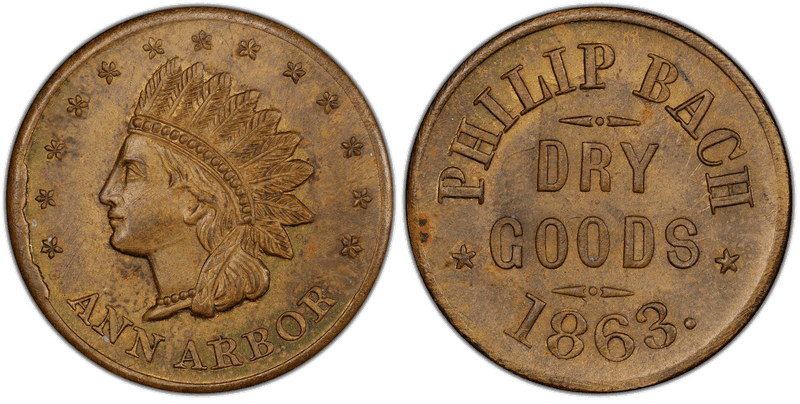 (1863) Brass Civil War Store Card F-40A-2b, Philip Bach MI