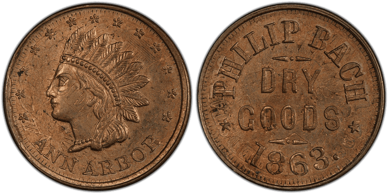 (1863) Copper-Nickel Civil War Store Card F-40A-2do, Philip Bach MI