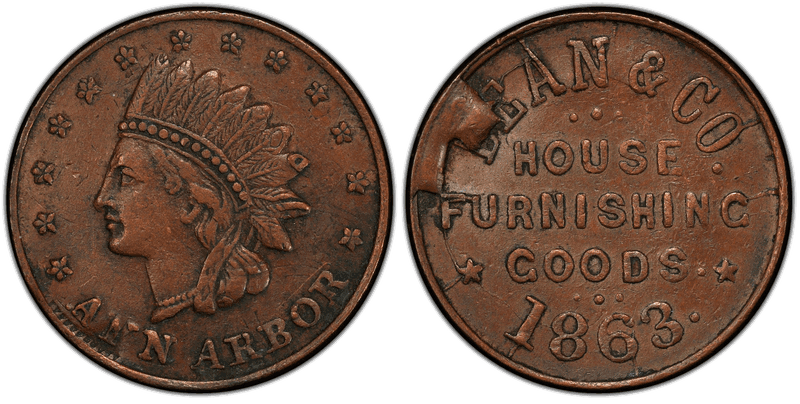 (1863) Copper Civil War Store Card F-40B-3ao, Dean & Co. MI