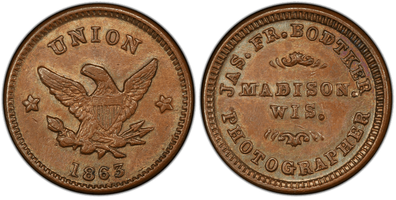 (1863) Civil War Store Card F-410A-1a, Coper Jas. Fr. Bodtker WI