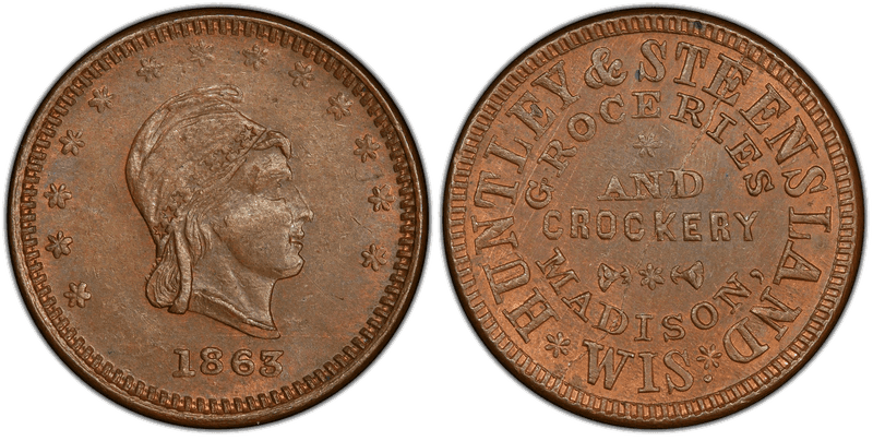 (1863) Copper Civil War Store Card F-410E-1a, Huntley & Steensland WI