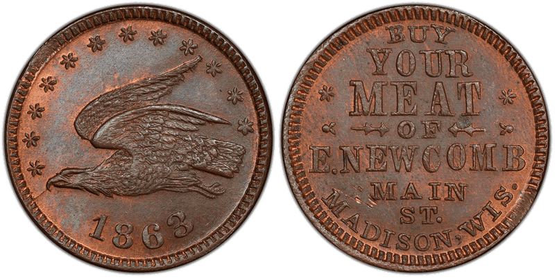 (1863) Copper Civil War Store Card F-410H-1a, E. Newcomb WI
