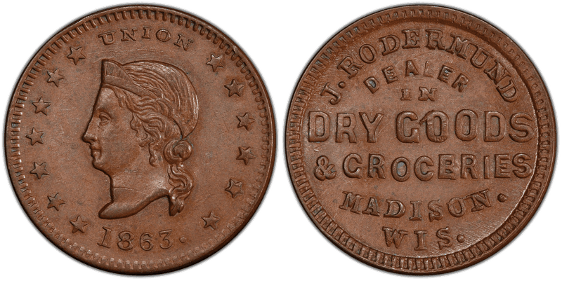 (1863) Copper Civil War Store Card F-410K-1a, J. Rodermund WI