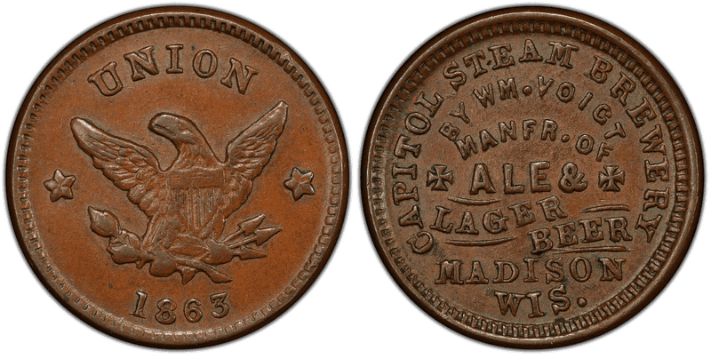 (1863) Copper Civil War Store Card F-410L-1a, Wm. Voigt WI