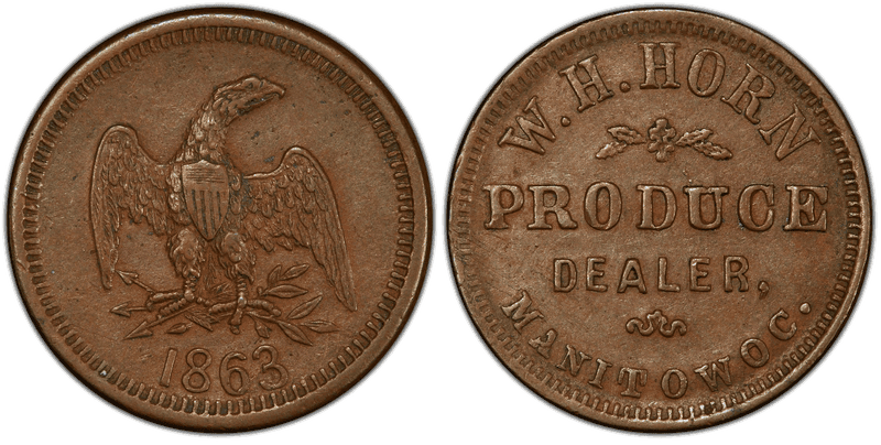 (1863) Copper Civil War Store Card F-420A-4a, W.H. Horn WI