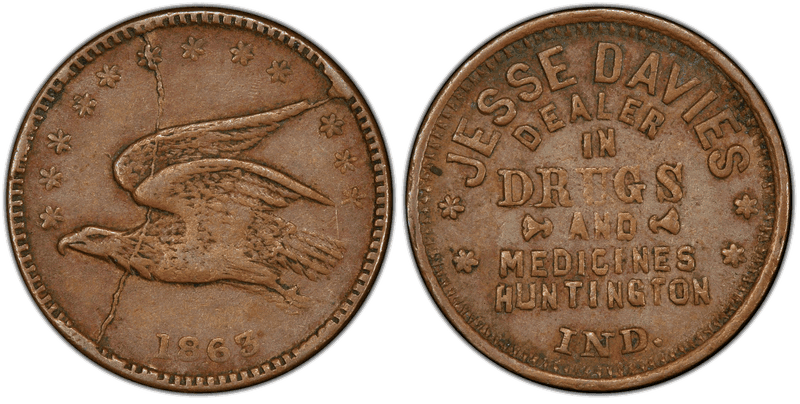 (1863) Copper Civil War Store Card F-430D-1a, Jesse Davies IN