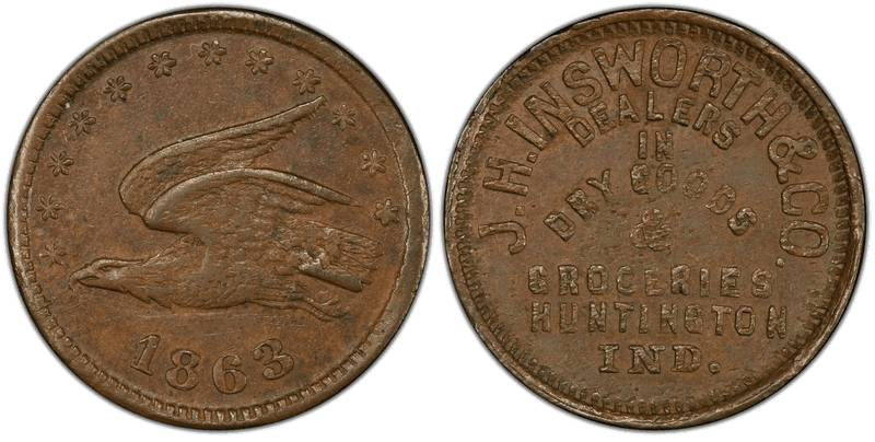 (1863) Copper Civil War Store Card F-430F-1a, J.H. Insworth & Co. IN