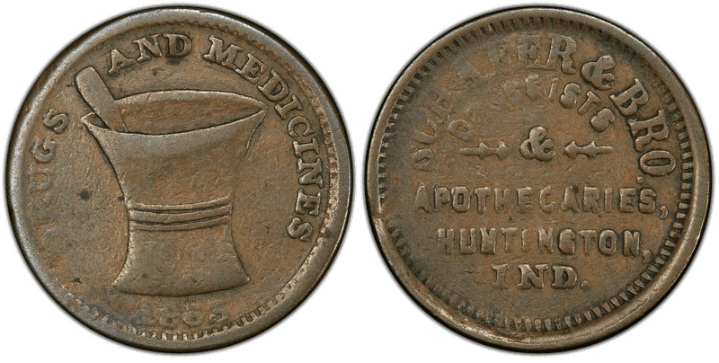 (1863) Copper Civil War Store Card F-430H-1a, Schafer & Bro. IN