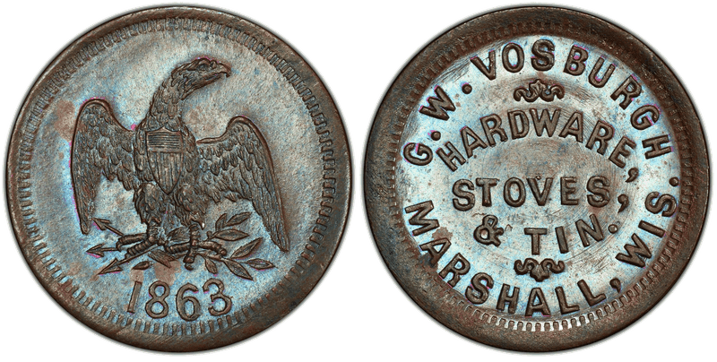 (1863) Copper Civil War Store Card F-435B-1a, G.W. Vosburgh WI