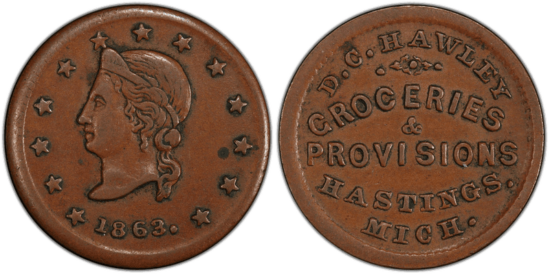 (1863) Copper Civil War Store Card F-440A-2a, D.C. Hawley MI