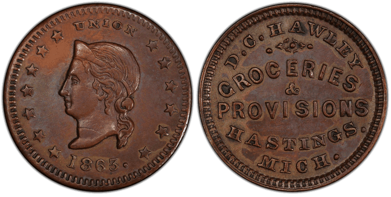 (1863) Copper Civil War Store Card F-440A-3a, D.C. Hawley MI
