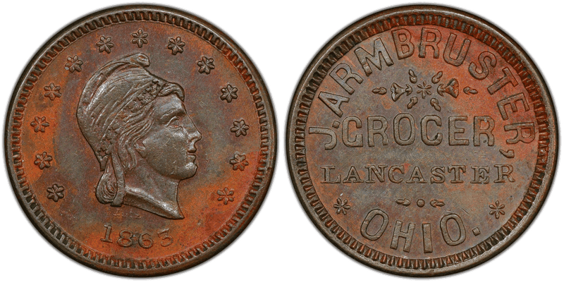 (1863) Copper Civil War Store Card F-440A-4a, J. Armbruster OH