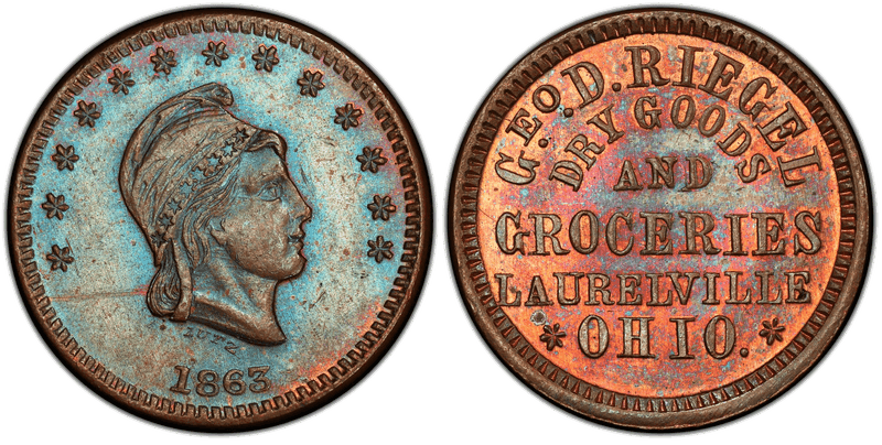 (1863) Copper Civil War Store Card F-445A-1a, Geo. D. Riegel OH