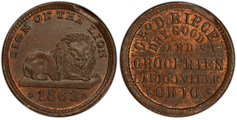 (1863) Copper Civil War Store Card F-445A-6a, Geo. D. Riegel OH