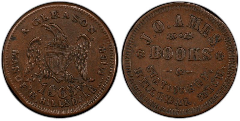 (1863) Copper Civil War Store Card F-450A-1a, J.O. Ames MI