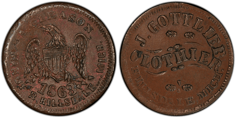 (1863) Copper Civil War Store Card F-450F-2a, J. Gottlieb MI