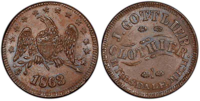 (1863) Copper Civil War Store Card F-450F-4a, J. Gottlieb MI