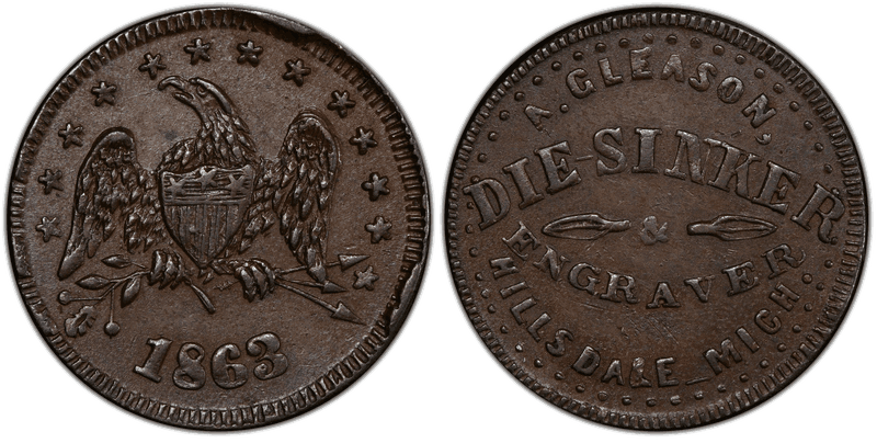 (1863) Copper Civil War Store Card F-450G-1a, A. Gleason MI
