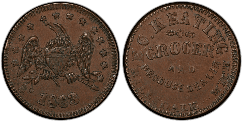 (1863) Copper Civil War Store Card F-450H-1a, E.C. Keating MI