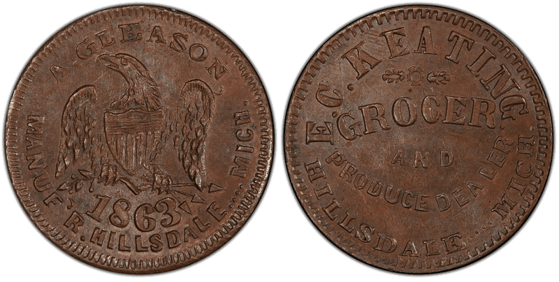 (1863) Copper Civil War Store Card F-450H-2a, E.C. Keating MI