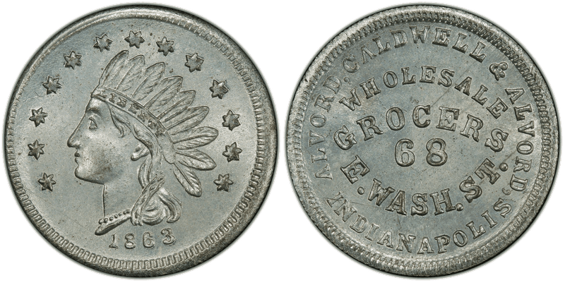 (1863) Zinc Civil War Store Card F-460A-1i, Alvord, Cladwell & Alvord IN