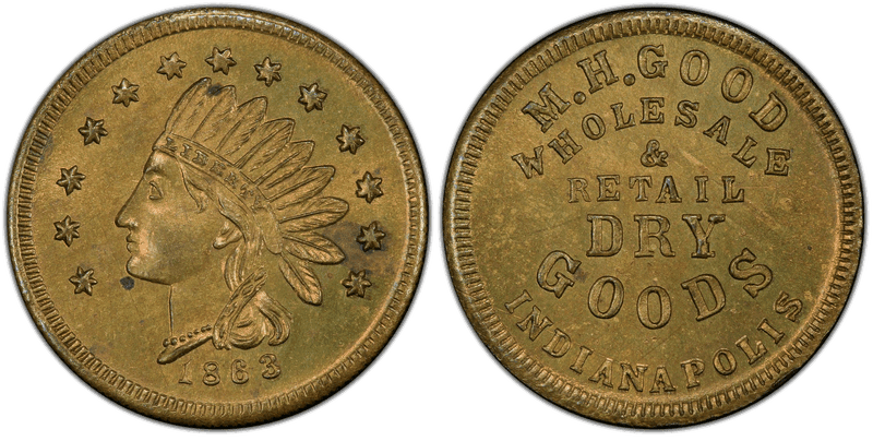 (1863) Brass Civil War Store Card F-460E-2b, M.H. Good IN