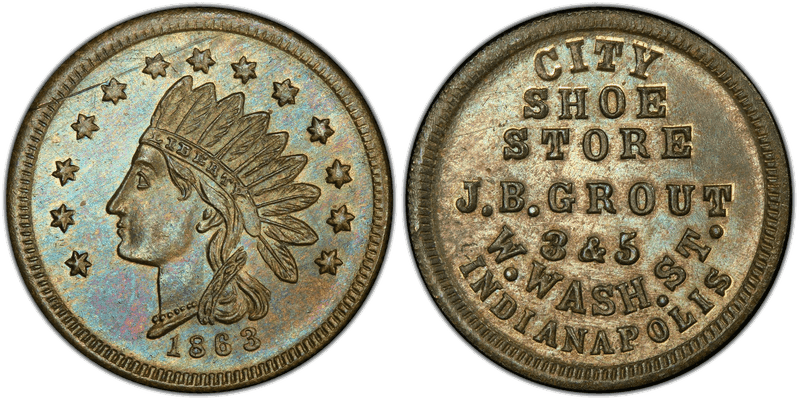 (1863) Brass Civil War Store Card F-460F-2b, J.B. Grout IN