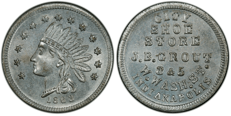 (1863) Zinc Civil War Store Card F-460F-2i, J.B. Grout IN