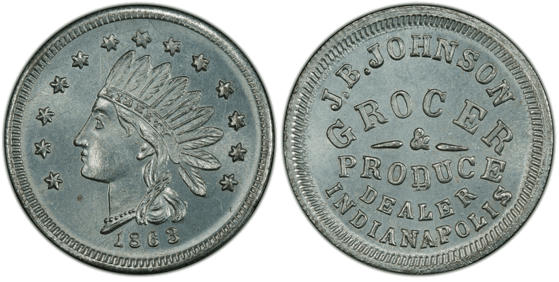 (1863) Zinc Civil War Store Card F-460I-1i, J.B. Johnson IN