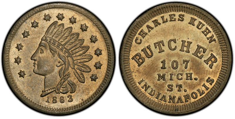 (1863) Brass Civil War Store Card F-460J-1b, Charles Kuhn IN