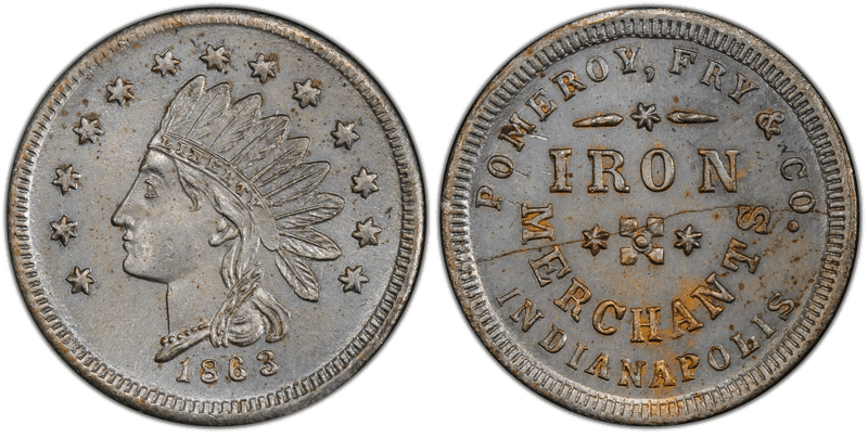 (1863) Zinc Civil War Store Card F-460O-1i, Pomeroy, Fry & Co. IN