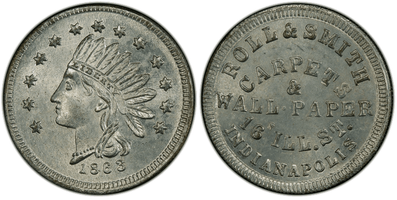 (1863) Zinc Civil War Store Card F-460P-1i, Roll & Smith IN
